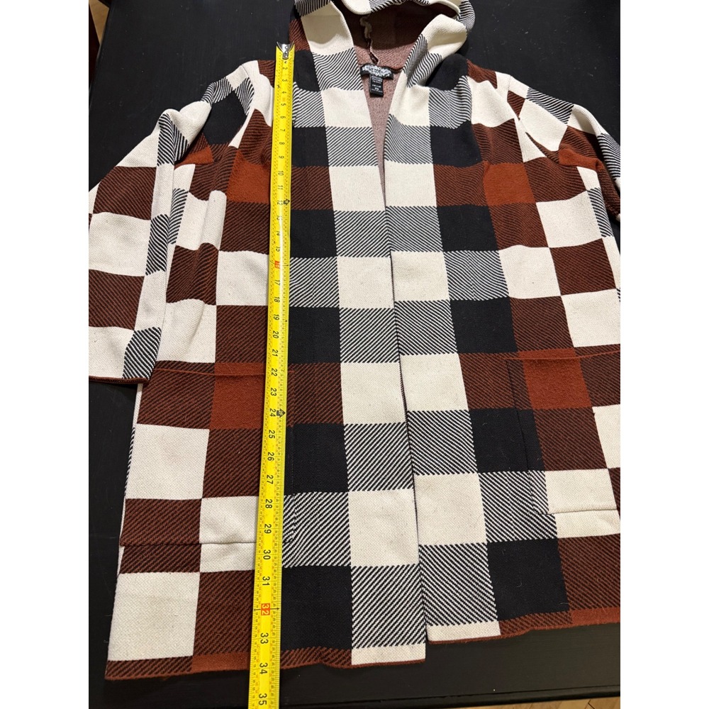 Oliver.o Hooded Cardigan Sweater Womens 2X Brown Checkered Plaid Open Front